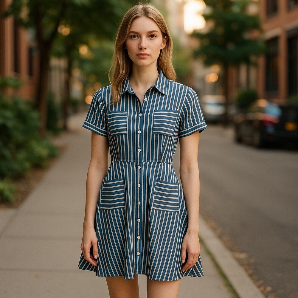 Preppy Nautical Seersucker Striped Mini Dress Collared Button Front 1X Coastal